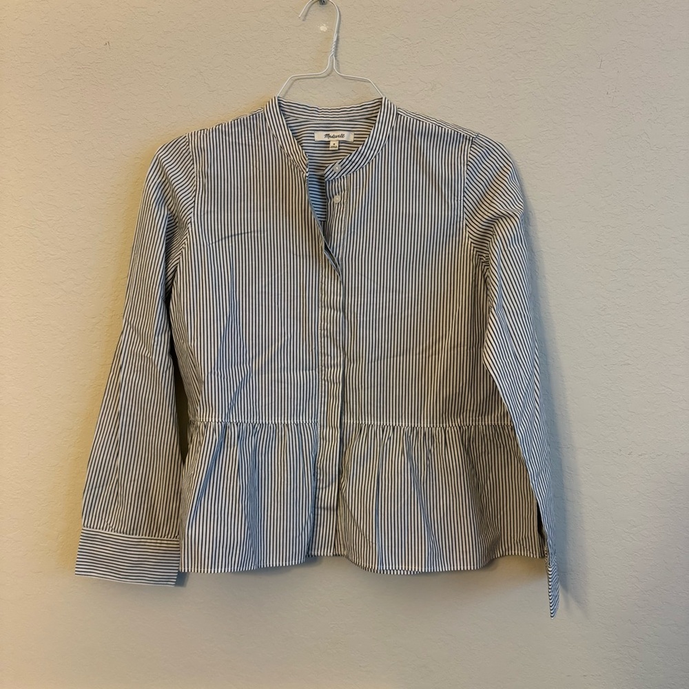 Madewell Navy and White Striped Peplum Button-Down Shirt